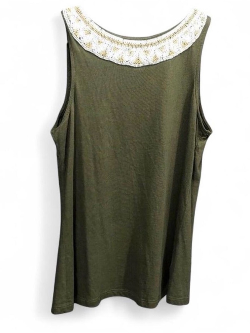 Ralph Lauren Green Tank Top Shirt White Beaded Collar Boho Size S